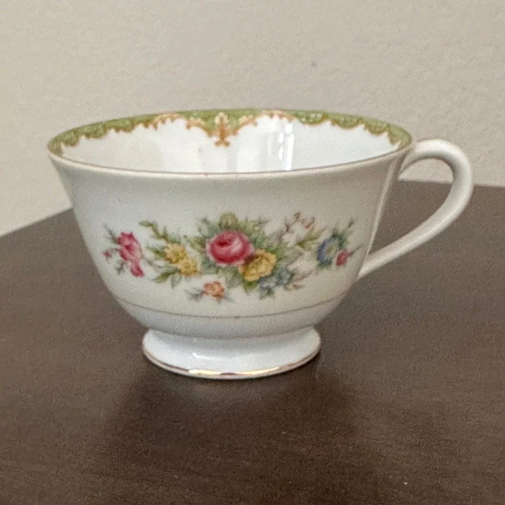 Sango China Cup Saucer Floral Green Gold Rim‎ Vintage Victorian Pattern